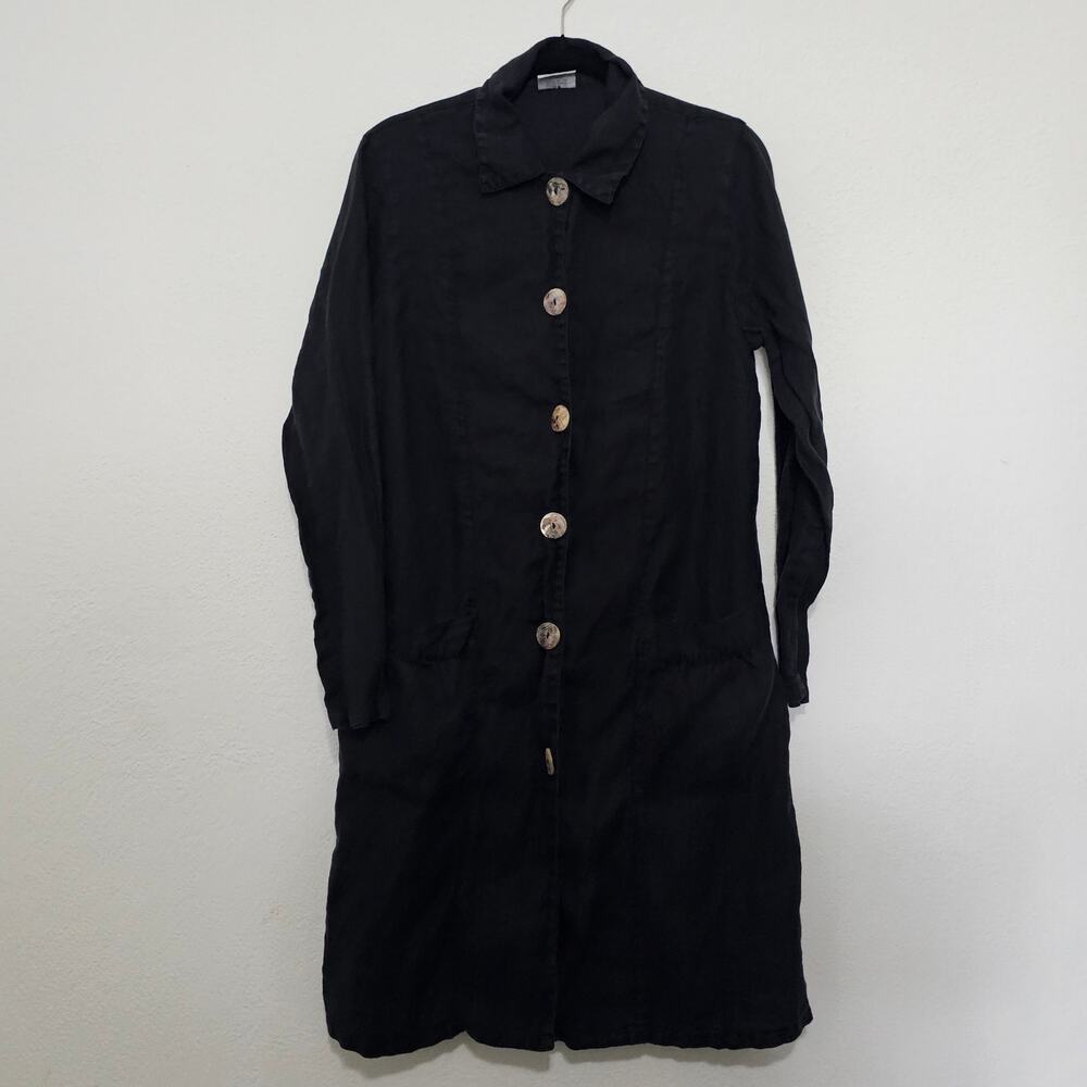 Click Black Long Shirt Top Linen Button Front Long Sleeve Women Medium Lagenlook